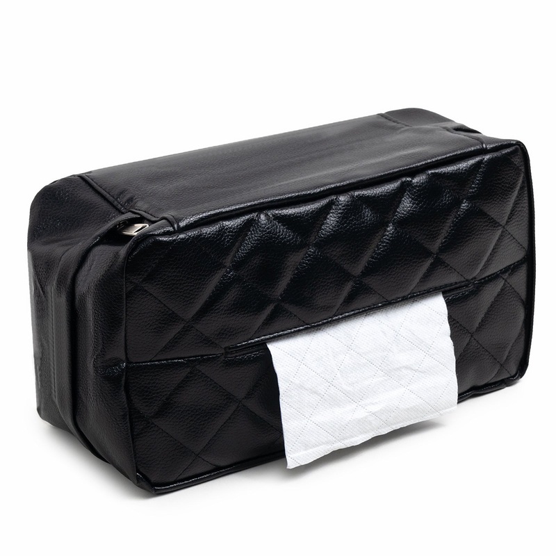 Black Universal Leather Car Tissue Box Holder – Visor, Armrest & Seat Back Mount
