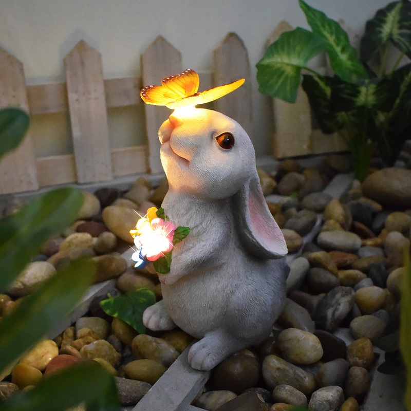 Rabbit and Butterfly Charming Solar-Powered Animal Garden Statue – Waterproof Resin Figurine with Glowing LED Accents