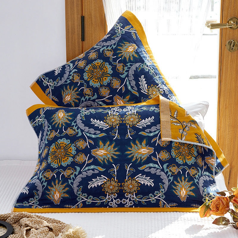 Single Blue Floral Pillow Towel Premium Cotton Gauze Pillow Towel Pair – Simple Nordic Style (52x75cm)