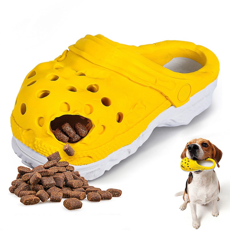Size S Yellow Tough Slipper Dog Chew Toy – Natural Rubber Treat Dispenser & Teeth Cleaner for Interactive Play & Boredom Relief