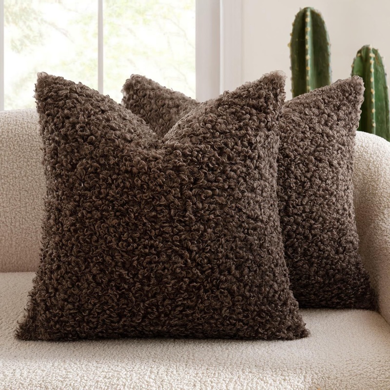 2 Pcs Coffee Cozy Teddy Boucle Cushion Cover – Plush Decorative Square Pillow Case for Sofa & Bed