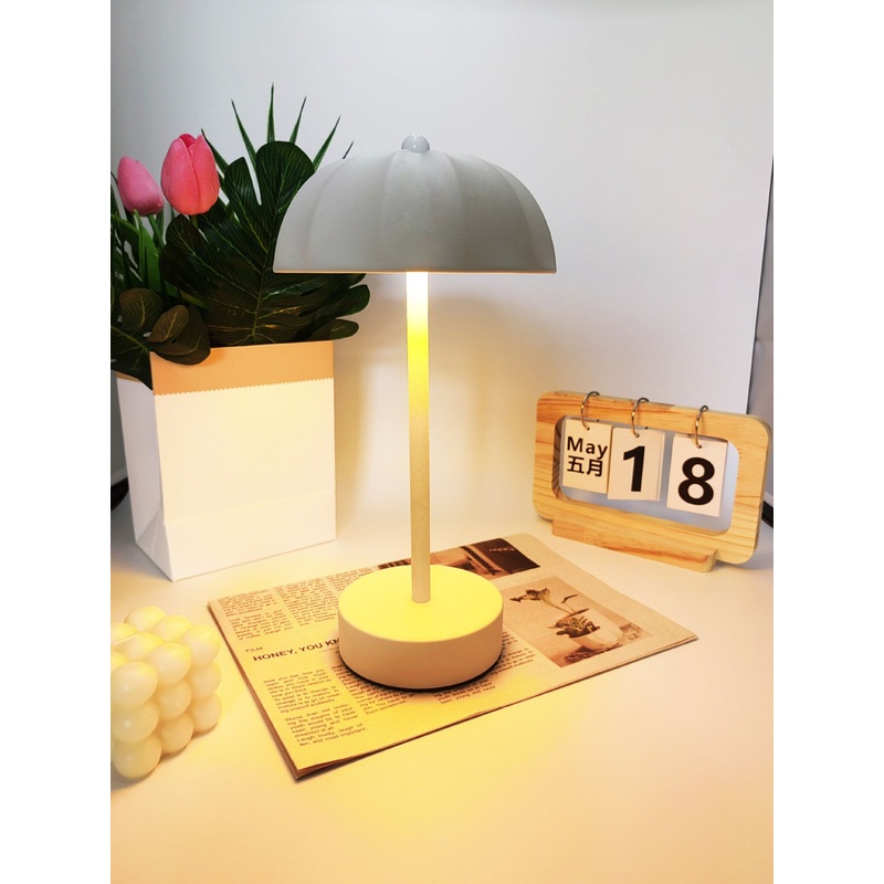 White Chic Mushroom LED Table Lamp – Rechargeable Cordless Touch Control 3-Color Adjustable Light for Bedroom Living Room Decor