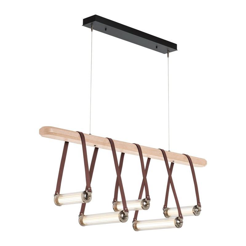 York Linear 5-Light LED Pendant Black Polished Nickel with British Brown Leather Maple Wood