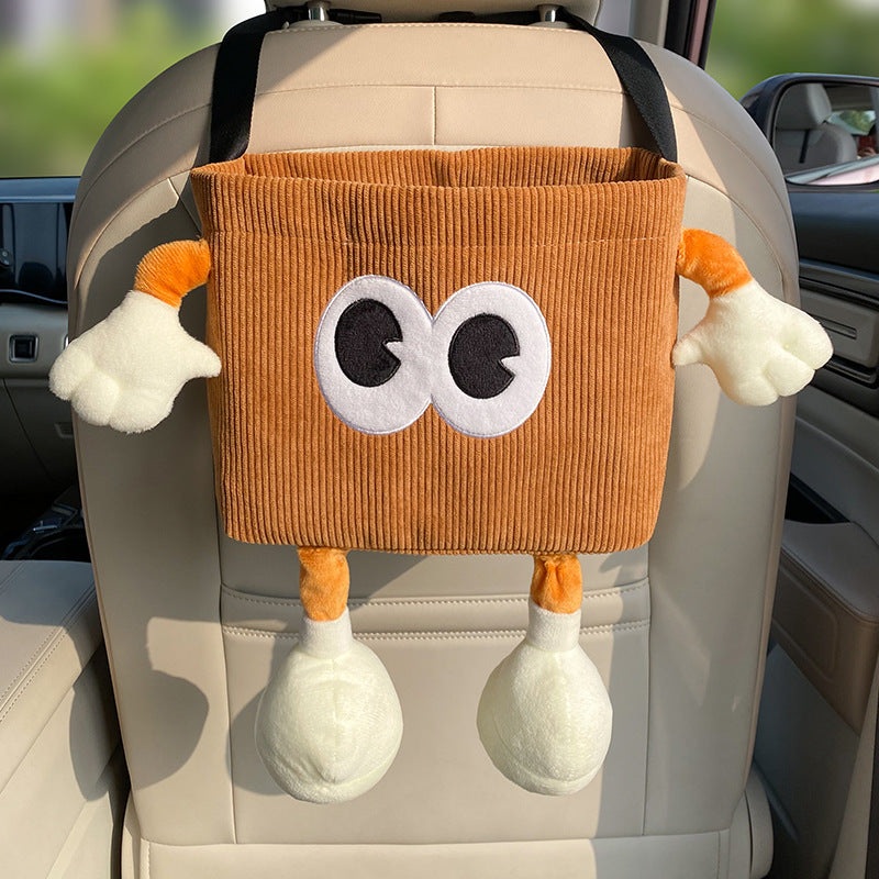 Brown Cute Cartoon Car Trash Bin with Adjustable Strap – Water-Repellent Corduroy (19x24cm)