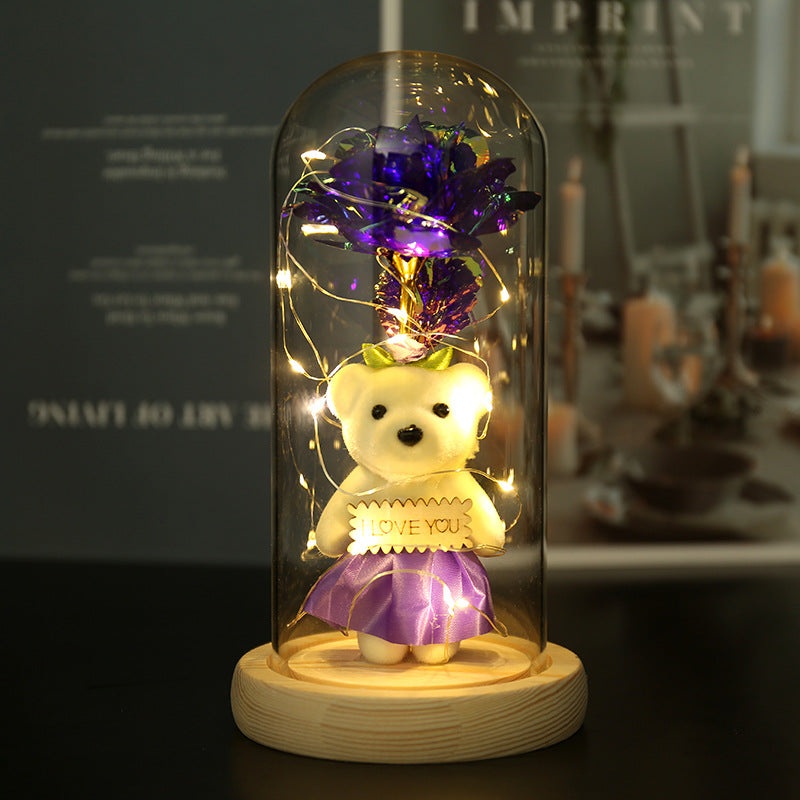 Enchanted Rose & Teddy Bear in Glass Dome with LED Lights – I Love You” Gift(purple)”