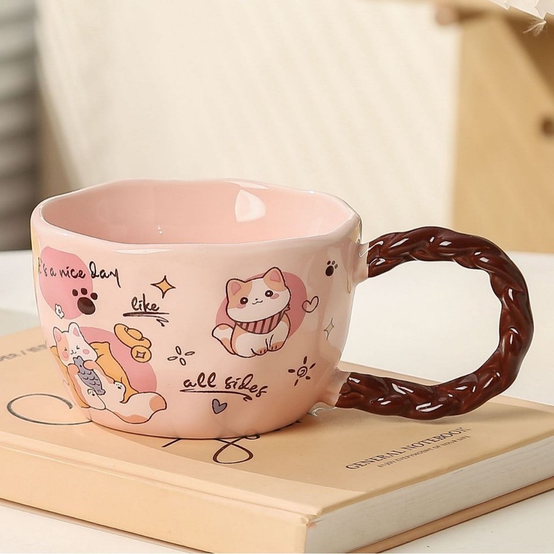 Whimsical Cat & Friends Ceramic Mug – 320ml with Unique Twisted Handle (pink)