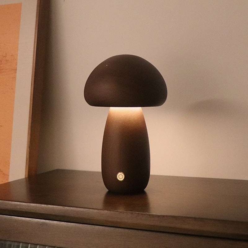 Dun-dun Model Dark Brown Solid Wood Mushroom LED Table Lamp – Rechargeable Touch Control Bedside Night Light (Large)