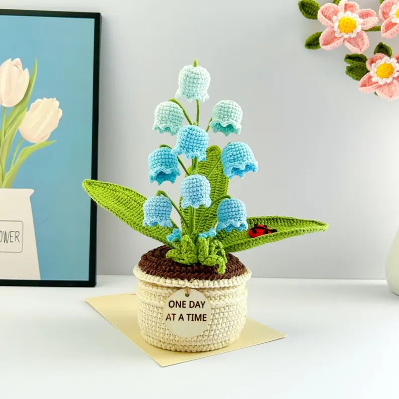 Blue Handmade Crochet Lily of the Valley Potted Plant – Gradient Blue Flower Decor Gift