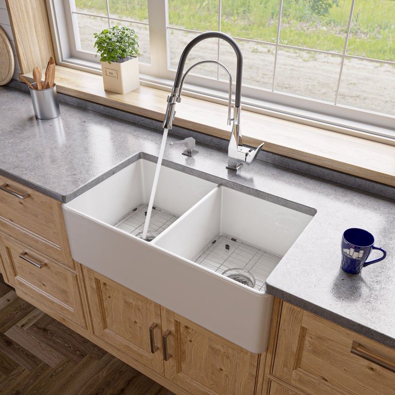 White Smooth Apron 33″ x 18″ Double Bowl Fireclay Farm Sink