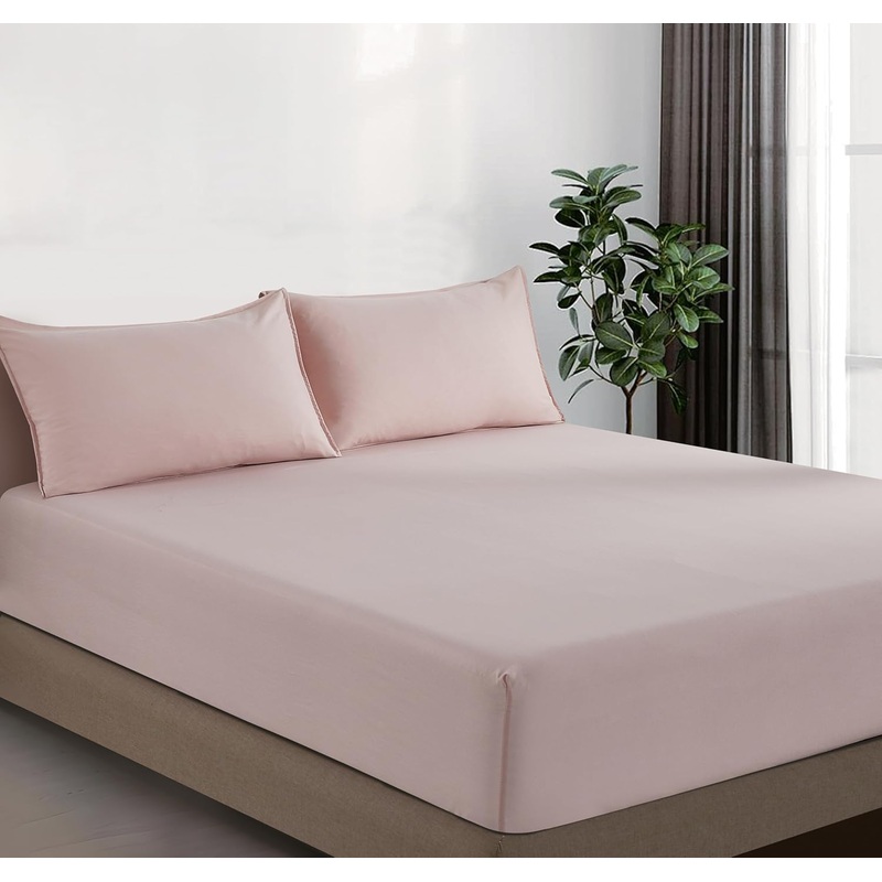 100% Vintage Washed Microfibre Fitted Sheet Set  Ultra Soft & Lightweight All-Season Fitted Sheet with 2 Pillowcases (Pink, Double Size)