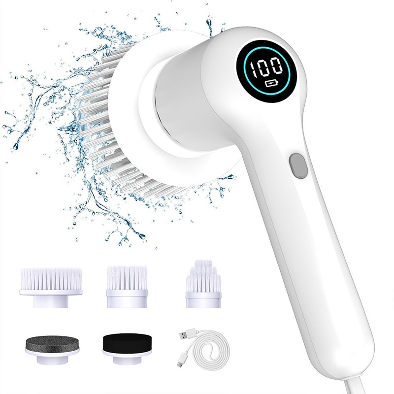White Rechargeable Electric Spin Scrubber – Waterproof Power Cleaning Brush with 5 Heads & Digital Display for Bathroom, Kitchen & More