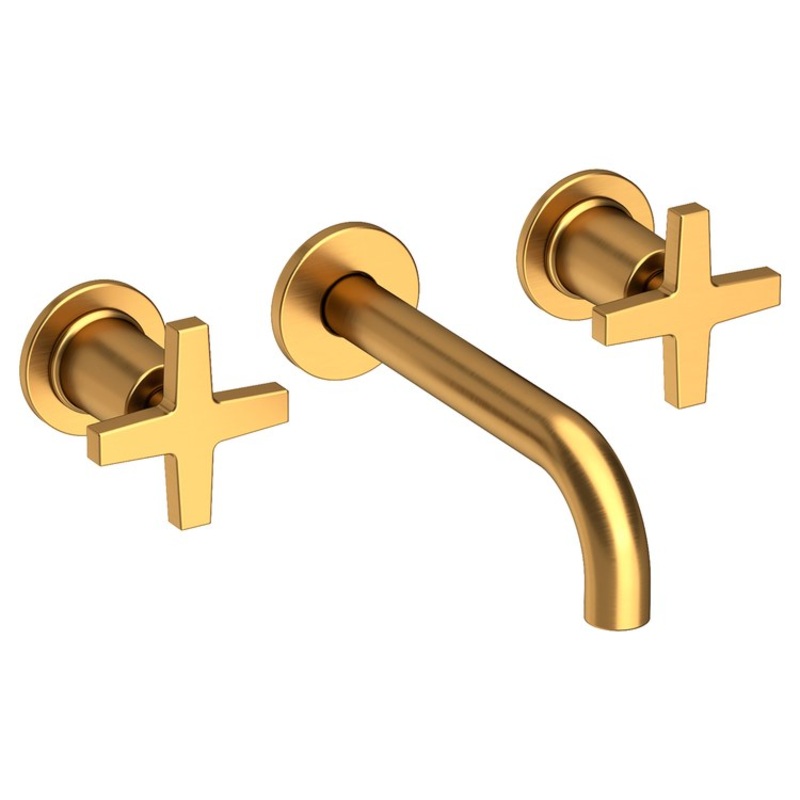 Lavatory Faucet Dorrance Wall Mount 8 Inch Spread 2 Cross ADA Watersense Satin Gold PVD 1.2 Gallons Per Minute Brass Less Drain Spout Reach 7-1/9 Inch