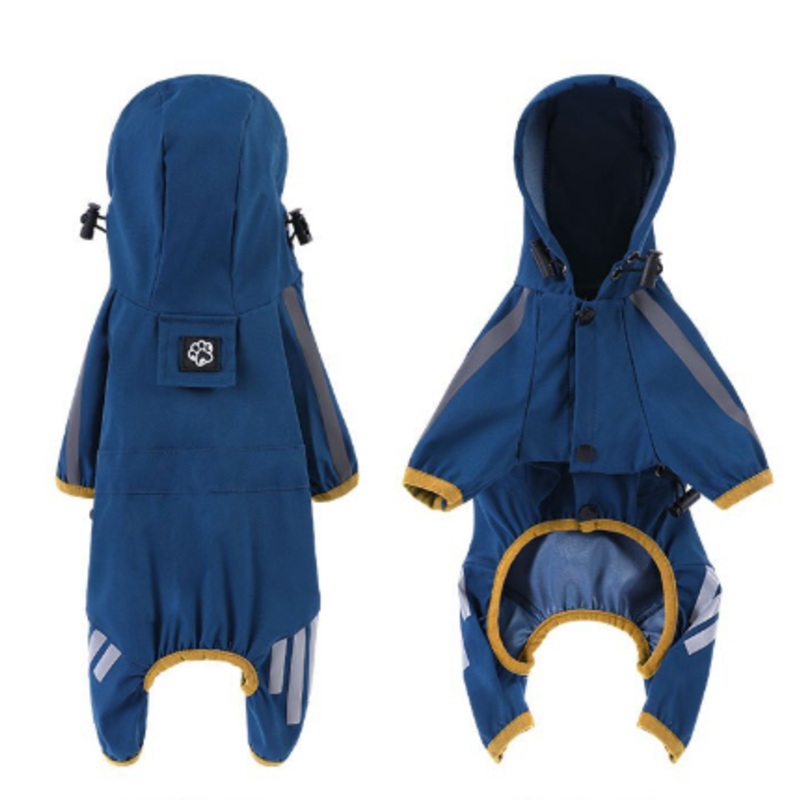 M Blue And Gray Trim Waterproof Four-Legged Dog Raincoat with Leash Hole for Small Breeds