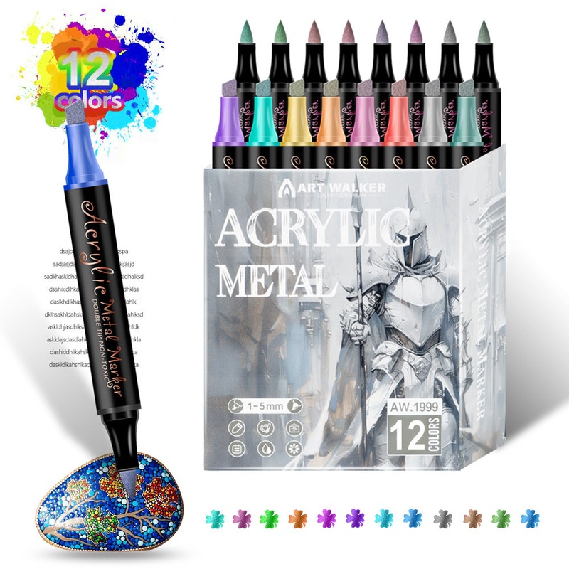 Colorful 12 Colors Dual Tip Metallic Acrylic Paint Pens – Fine Point & Chisel Tip Art Markers for Rock Painting, Crafts, Card Making, Glass