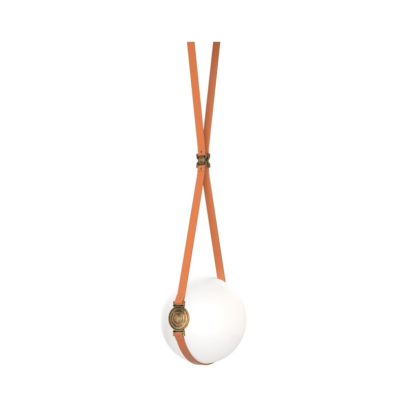 Derby Small LED Pendant Black Antique Brass with Chestnut Leather Hubbardton Forge Branded Plate