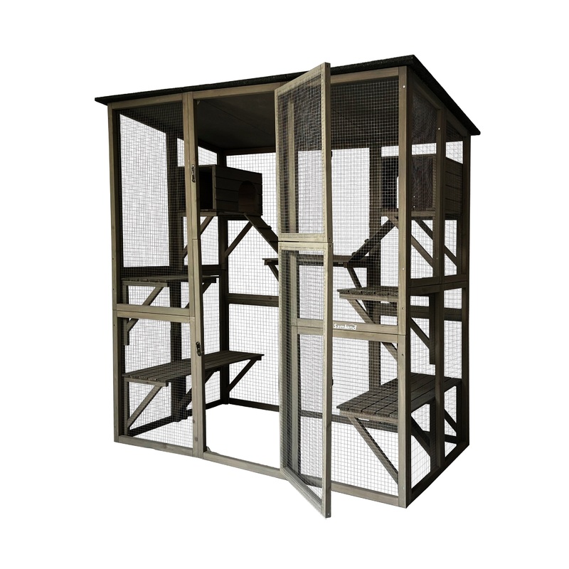 Samland Wooden Cat Cage Walk in Cat Condo House Kitten Ferret Enclosure Cage