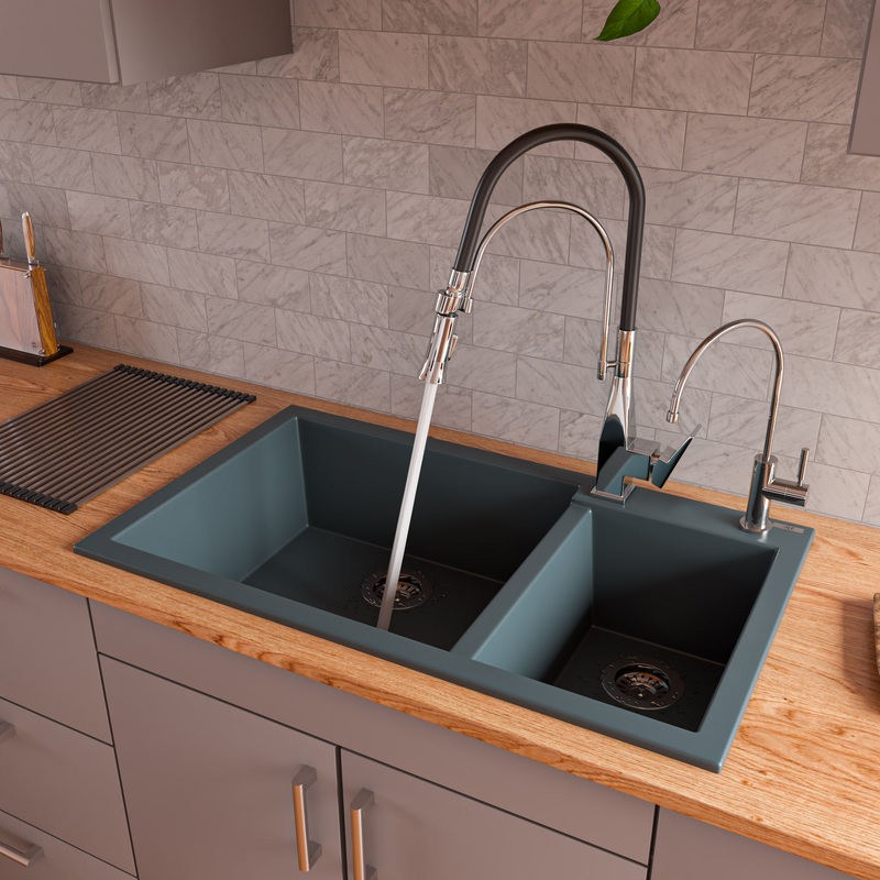 ALFI brand AB3319DI-T Titanium 34″ Double Bowl Drop In Granite Composite Kitchen Sink