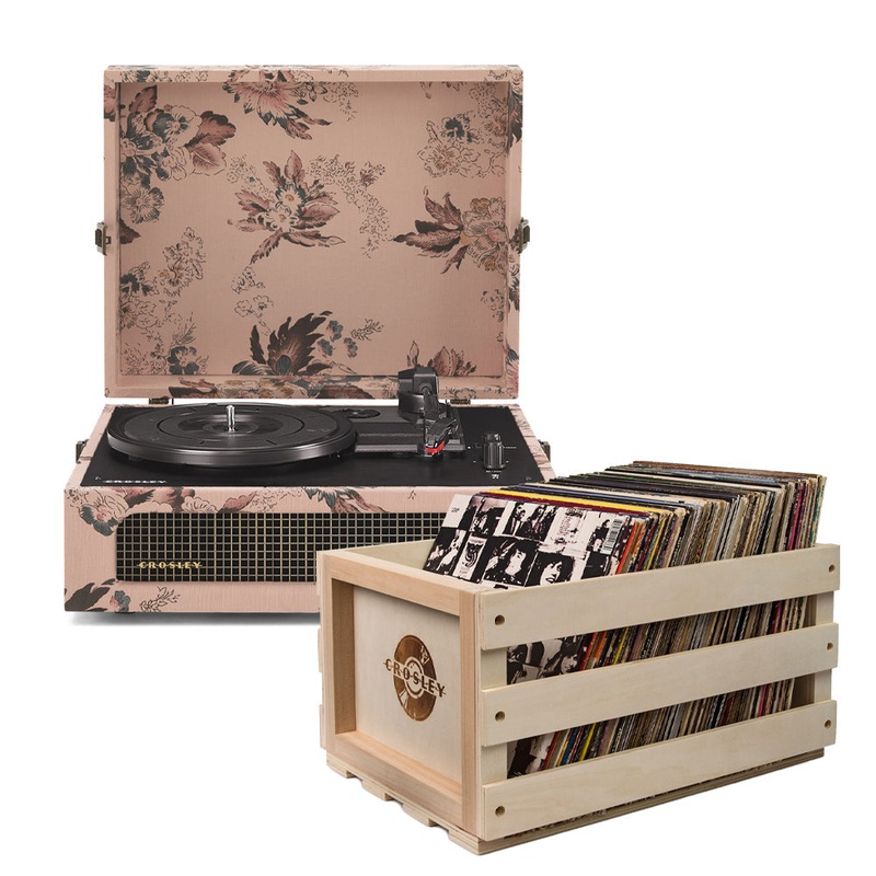 Crosley Voyager Bluetooth Portable Turntable – Floral + Bundled Record Storage Crate