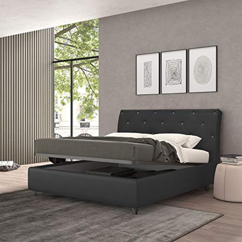 Talamo Italia Letto contenitore matrimoniale Strauss, Made in Italy, Struttura in ecopelle imbottita, Adatto a materasso 160×190 cm, Nero