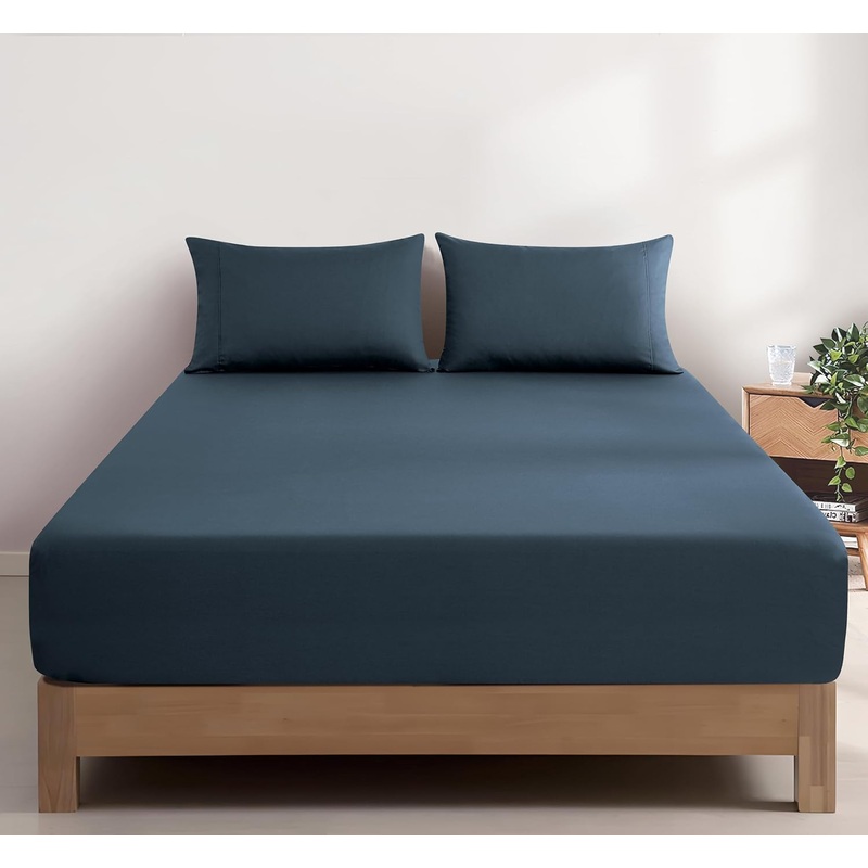 100% Vintage Washed Cotton Fitted Sheet Combo Set  100% Natural Cotton, Ultra Soft & Breathable  Includes Fitted Sheet & Pillowcases  Machine Washable (Indigo, King)