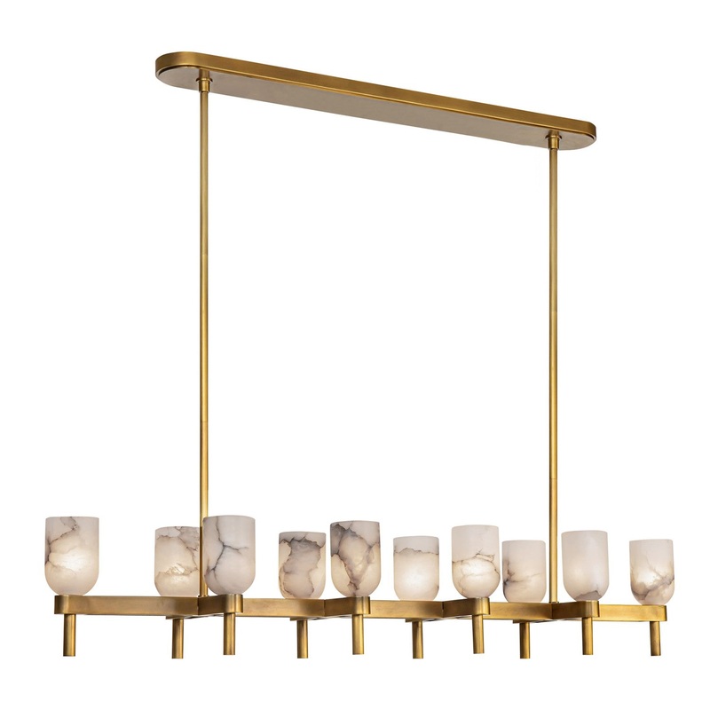 Ten Light Linear Pendant from the Lucian Collection in Vintage Brass/Alabaster Finish by Alora