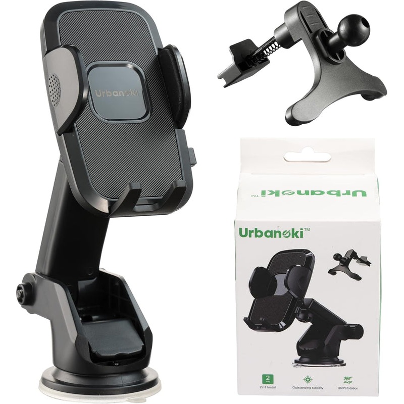 Urbanoki 4 in 1 Car Phone Holder Dashboard Windshield Vent Mount for All Phones – Black