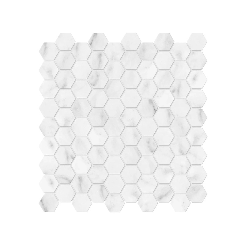 1.25 Inch Bianco Venatino Polished Marble Stone Hexagon Mosaics. 1 Sheet = .95 Sq. Ft. (76-372) 1.25″