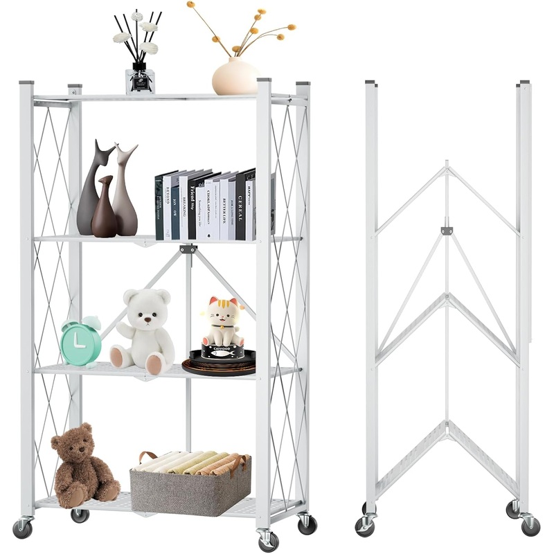 CARLA HOME 4-Tier Foldable Storage Shelf with Wheels for Kitchen, Garage, Pantry or Basement (White)