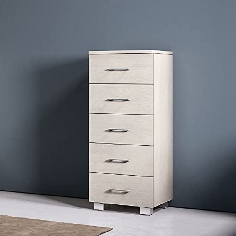 Cassettiera multiuso a 5 cassetti in legno arredamento moderno salotto camera da letto (42x44xh103) (Olmo Bianco)