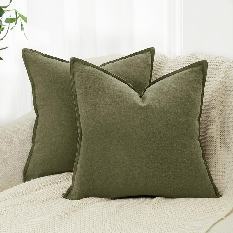 Linen Cushion Covers – 30% Linen 70% Cotton Blend, Soft & Breathable with Hidden Zipper Design – Olive Green, 45cm x 45cm (Twin Pack)