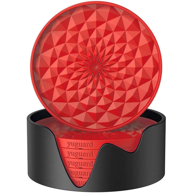 Red and Black Geometric Silicone Drink Coasters Set (6 Pack) with Holder – Non-Slip Table Protectors