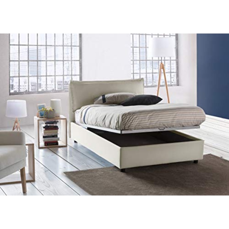 Talamo Italia Letto contenitore Una piazza e mezza Veronica, Made in Italy, Testata e rivestimento in tessuto, Apertura frontale, con materasso cm 120×190 incluso, Panna