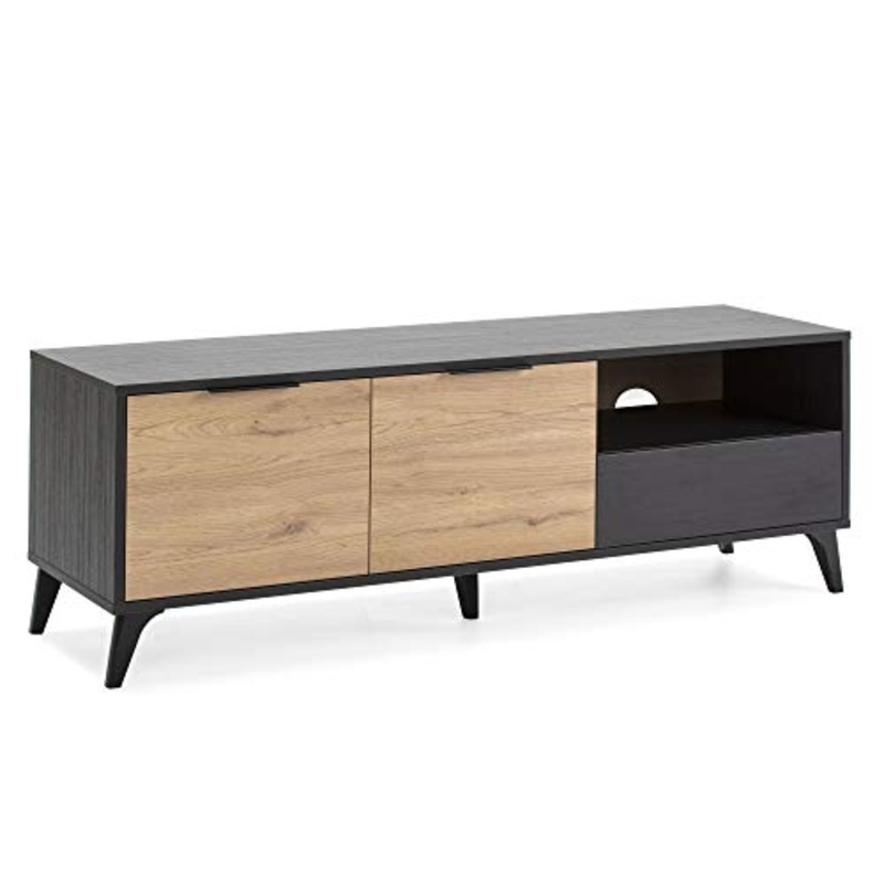 VS Venta-stock Mobile TV Koln 2 Porte e 1 cassetto, Color Nero Spazzolato e Legno, 136,5 cm (Larghezza) 40 cm (profondit) 48,5 cm (Altezza)