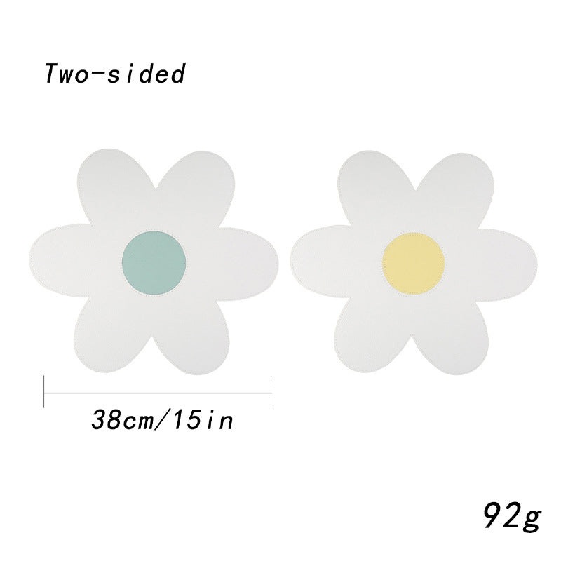 White Background With Blue Heart + Yellow Heart Set of 6 Reversible Flower Shaped Placemats – Waterproof PU Leather Dining Table Mats