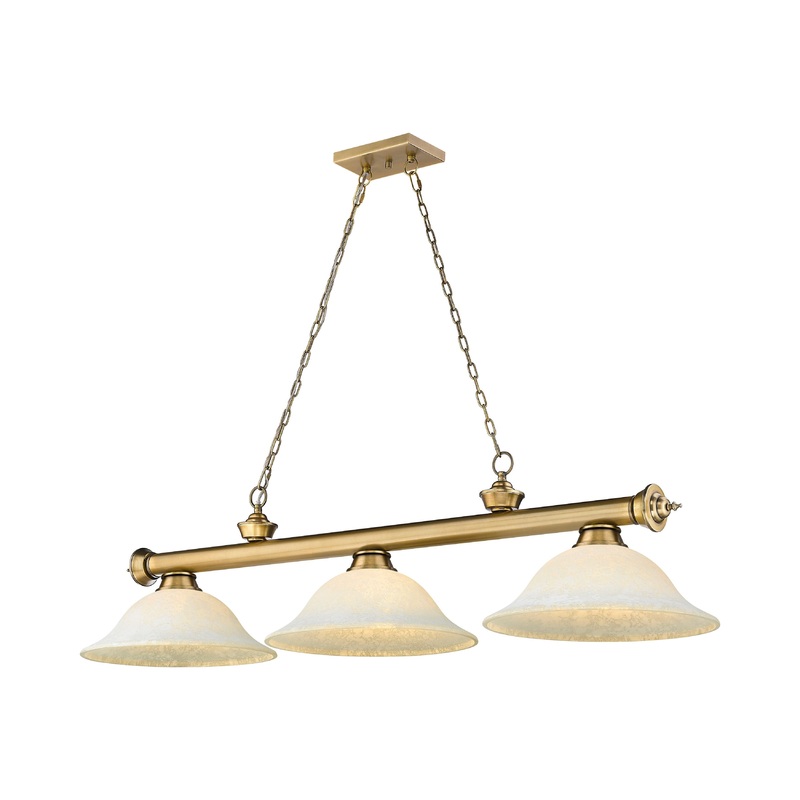 Cordon 3-Light Billiard Rubbed Brass Bell White Mottle Glass