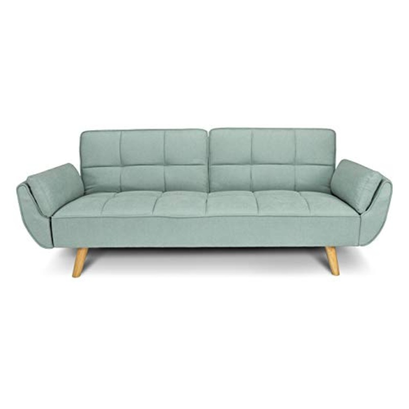 Divano letto clic clac in tessuto vellutato verde Tiffany – divano 3 posti mod. Ambra piedi legno naturale