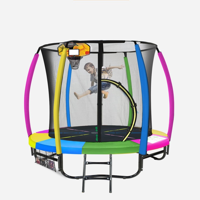 Kahuna 8ft Outdoor Trampoline Kids Children With Safety Enclosure Mat Pad Net Ladder Basketball Hoop Set – Rainbow