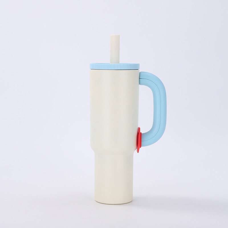 White-blue 40oz Macron Stainless Steel Insulated Tumbler with Handle and Straw – 14.8 x 10.5 x 28 cm Large Capacity Car-Friendly Travel Mug