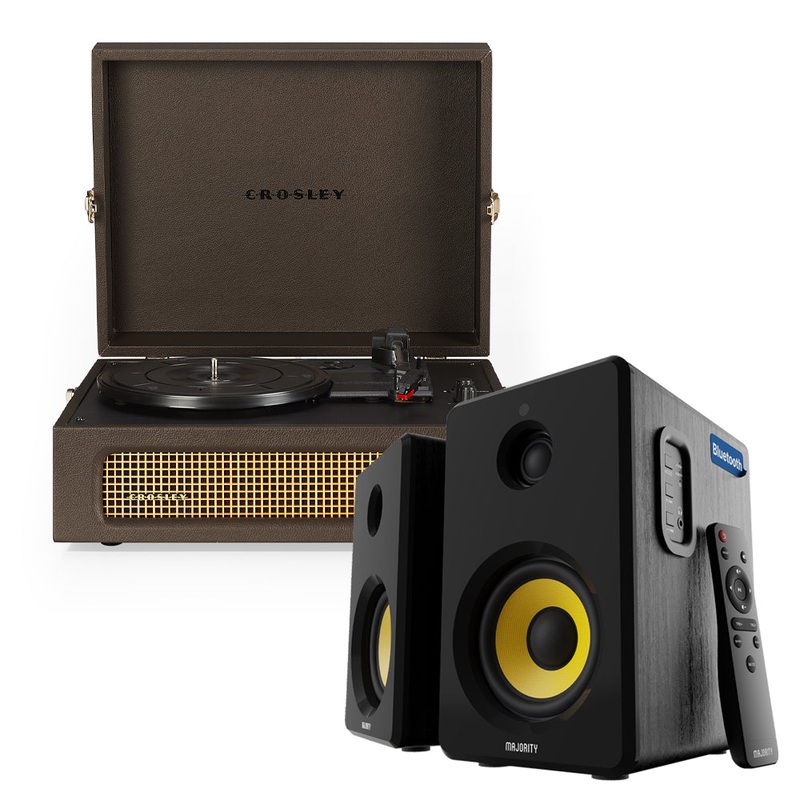 Crosley Voyager Bluetooth Portable Turntable – Cocoa + Bundled Majority D40X Bluetooth Speakers – Black