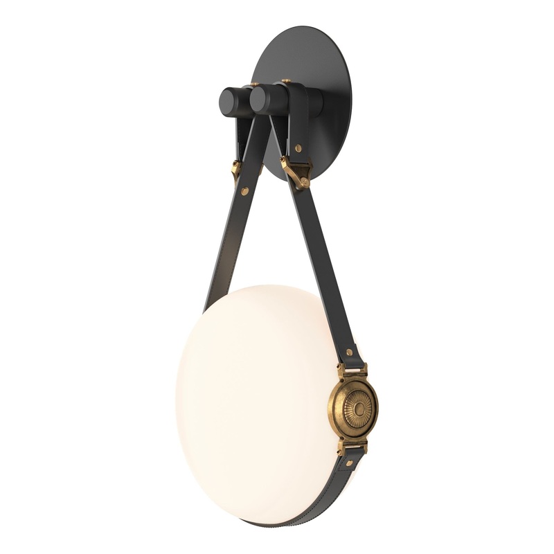 Derby LED Sconce Black Antique Brass with Black Leather Non-Branded Plate
