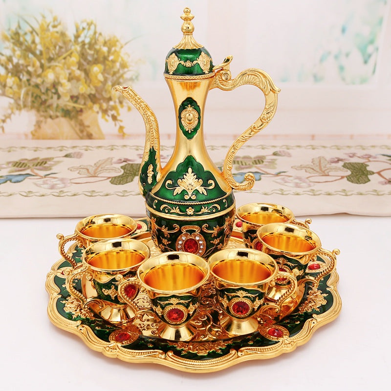 Elegant Gold Metal Serving Set – Decanter, 6 Cups, Tray (Gold Green)