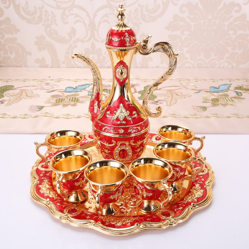 Elegant Gold Metal Serving Set – Decanter, 6 Cups, Tray (Golden Red)