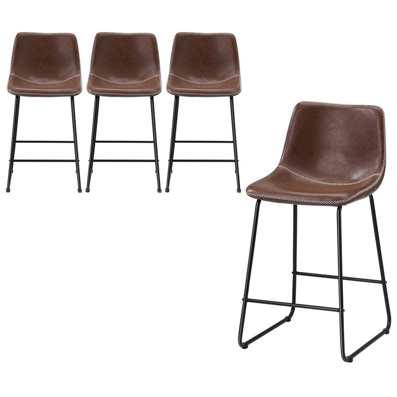 4X Bar Stools Leather Padded Stool Brown