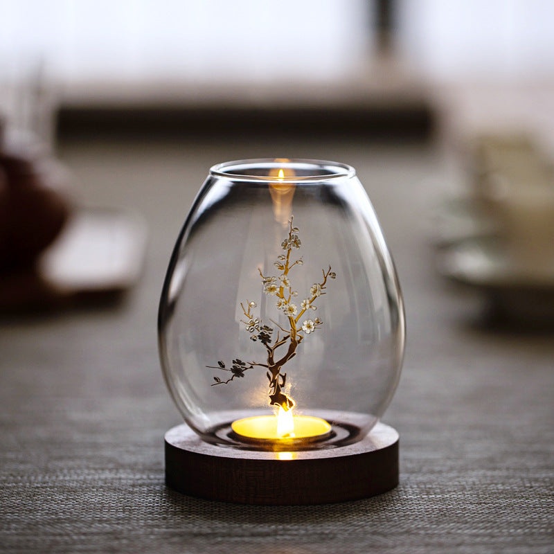 Windproof Glass Candle Cover with Wood Base – For Tealights, Zen Home Accent (Plum blossom candlestick)