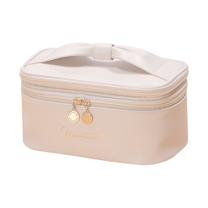 Beige Stylish PU Leather Makeup Bag – Large Capacity Double Layer Waterproof Travel Cosmetic Organizer Case for Women