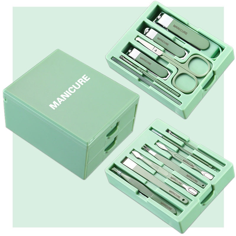 Green Premium 13-in-1 Manicure & Grooming Kit – Professional Carbon Steel Pedicure Set with Dual-Drawer Case & Mirror