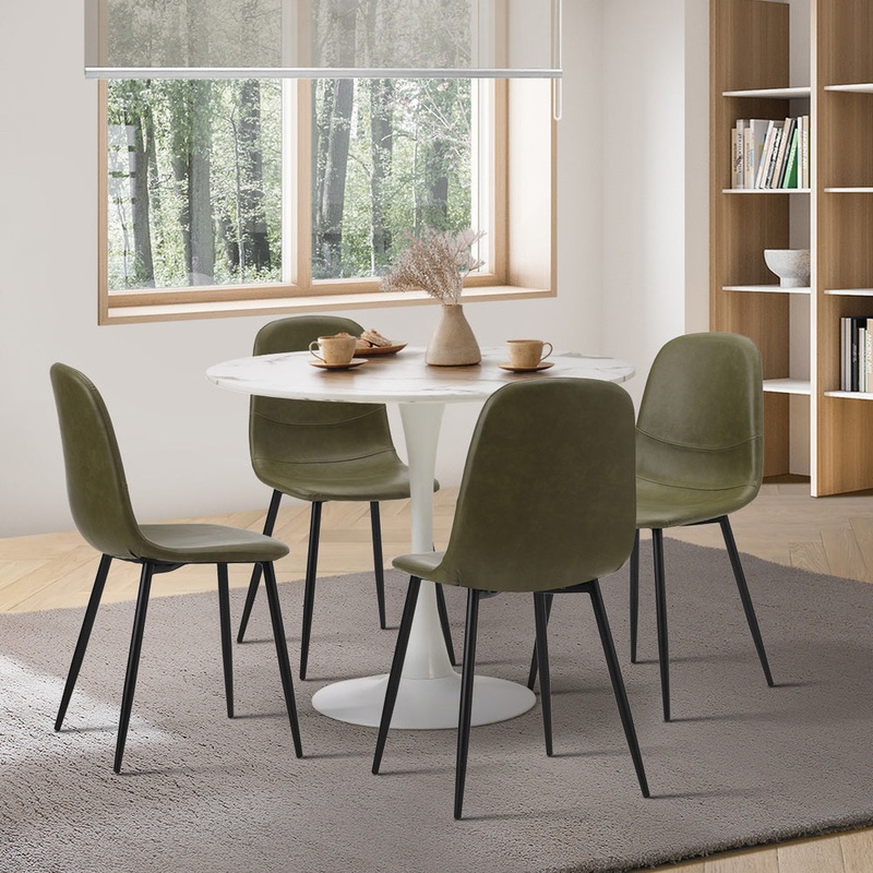 Oikiture 90cm Round Dining Table with 4x Dining Chairs PU Leather Green