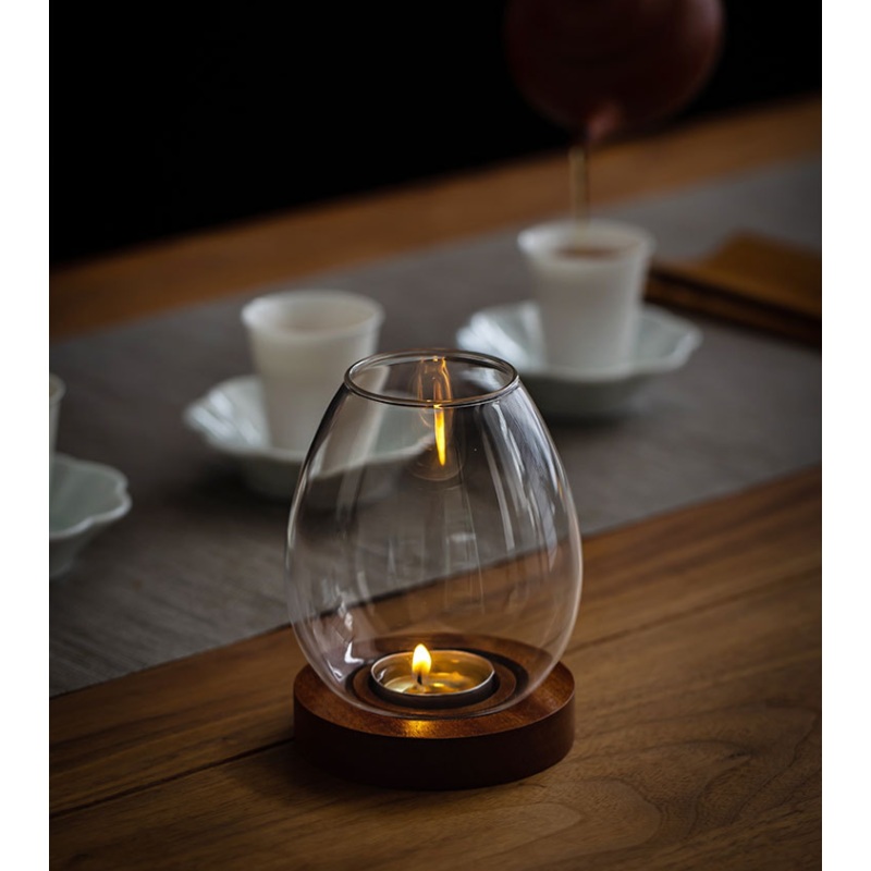 Windproof Glass Candle Cover with Wood Base – For Tealights, Zen Home Accent (Transparent candle holder)