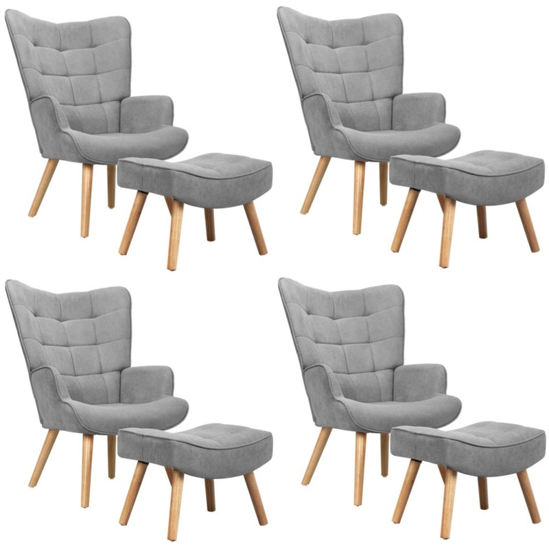 4x Armchair Lounge Chair Ottoman Fabric Sofa Grey
