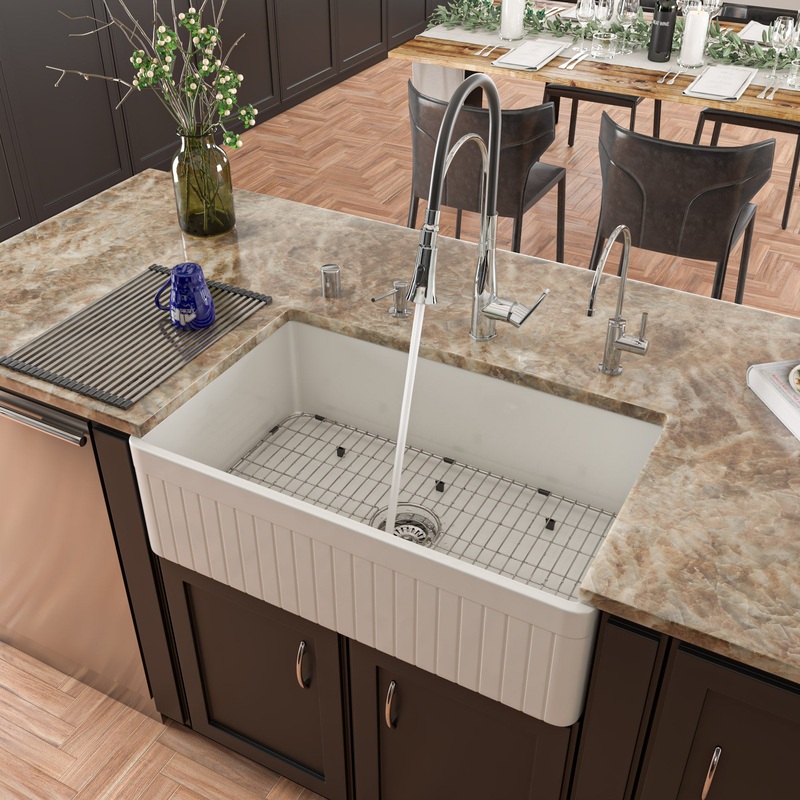 ALFI brand AB532-W 33″ White Single Bowl Fluted Apron Fireclay Farm Sink
